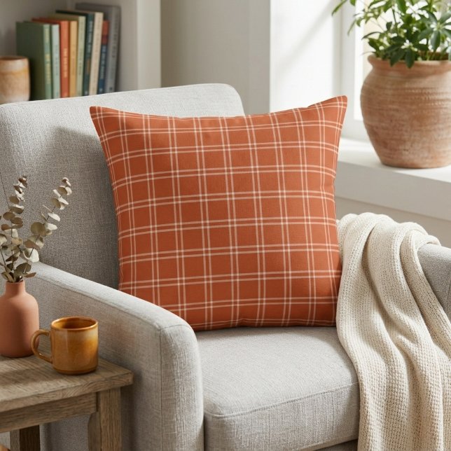 Herbstpumpen Kariert gemütlich rustikales Kissen (Autumn Pumpkin Plaid Cozy Rustic Throw Pillow)