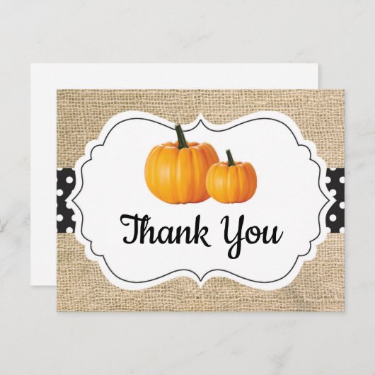 Herbstpumpen Orange Black and White Burlap Dankeskarte (Vorne/Hinten)