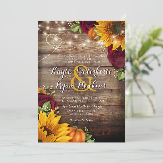 Herbstpumpen Rose Rustikale Holzleuchten Einladung (Stehend Vorderseite)