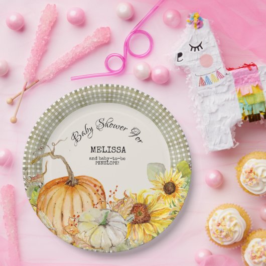 Herbstpumpen Sonnenblume im Grünen Gingham Pappteller (Party)