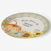 Herbstpumpen Sonnenblume im Grünen Gingham Pappteller (Schrägansicht)