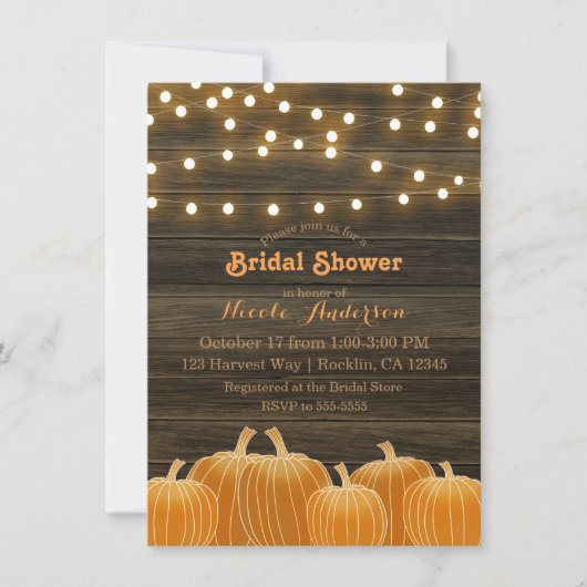 Herbstpumpen & String Lights Rustikales Brautparty Einladung (Vorderseite)