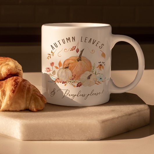 Herbstpumpen Wasserfarbene Herbstblätter und Blume Kaffeetasse