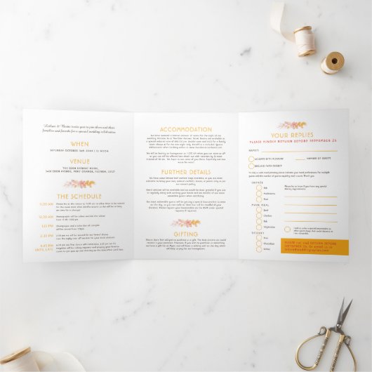 Herbstrebe Orangenfarbenhochzeit Dreifach Gefaltete Einladung (Innenseite)