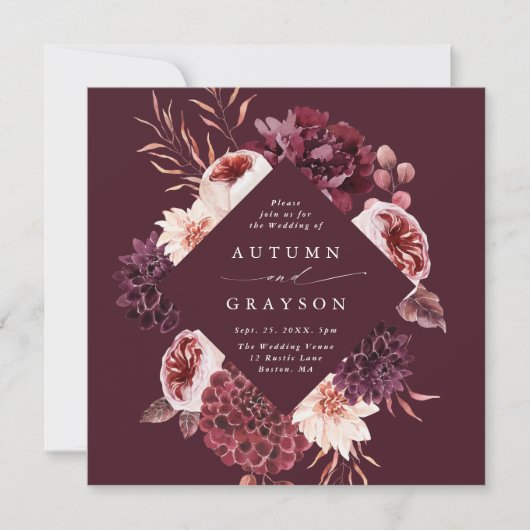 Herbstromananz Burgund Wasserfarbener Hochzeitspla Einladung (Vorderseite)