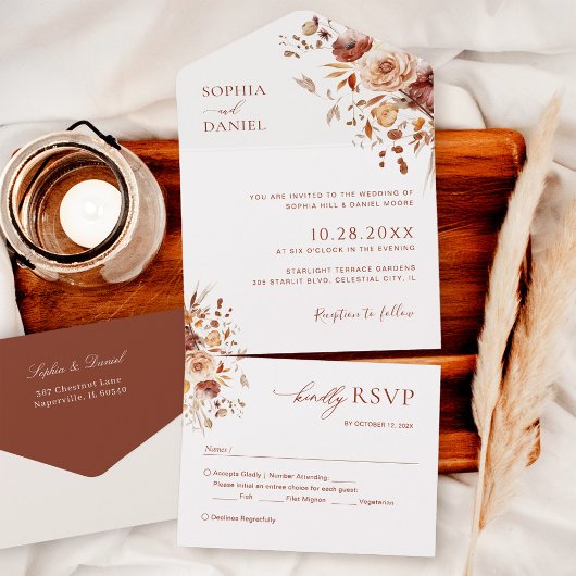 Herbstromantische Blume-Hochzeit All In One Einladung