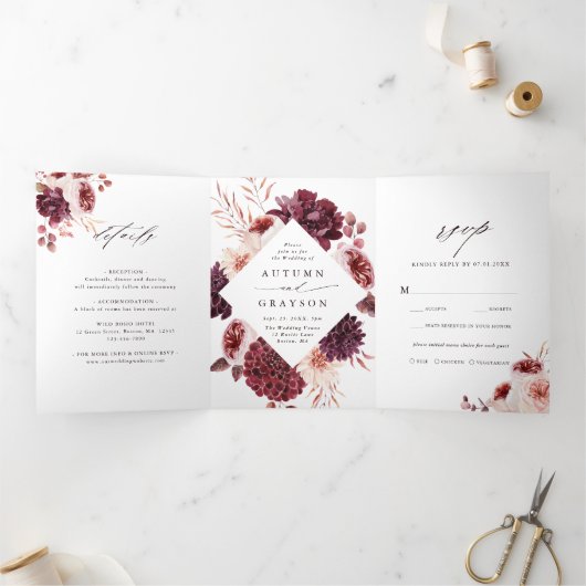 Herbstromantische Hochzeit mit Wasserfarben Dreifach Gefaltete Einladung (Innenseite)