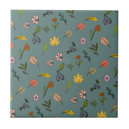 Herbstrosa gelbe Blumen und Blätter grün Fliese