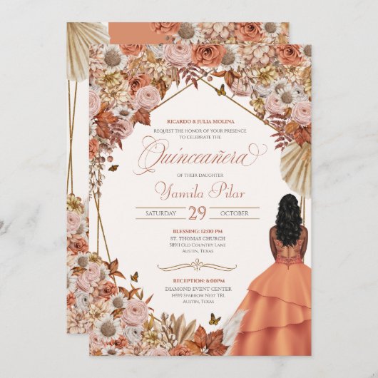 Herbstrost getrocknete Herbstlaube mit Blumenmotiv Einladung (Vorne/Hinten)