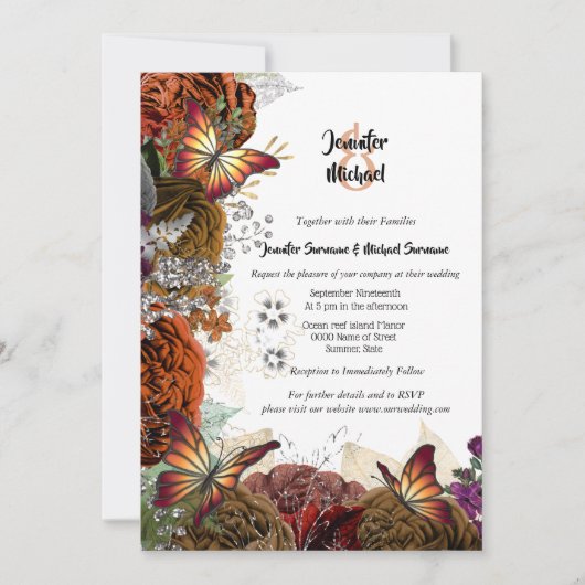 Herbstschmetterling Rose Erntedank Hochzeit Einladung (Vorderseite)