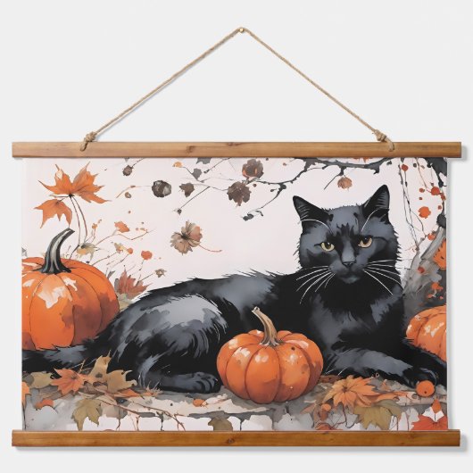 Herbstschwarze Katze mit Pumpkins Wandteppich Mit Holzrahmen (Vorne)