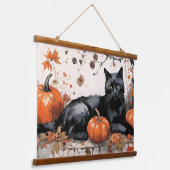 Herbstschwarze Katze mit Pumpkins Wandteppich Mit Holzrahmen (Gewinkelt)