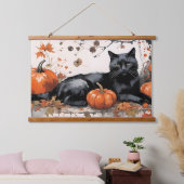 Herbstschwarze Katze mit Pumpkins Wandteppich Mit Holzrahmen (Schlafzimmer)
