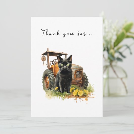 Herbstschwarze Katze mit Traktor Dankeskarte (Stehend Vorderseite)