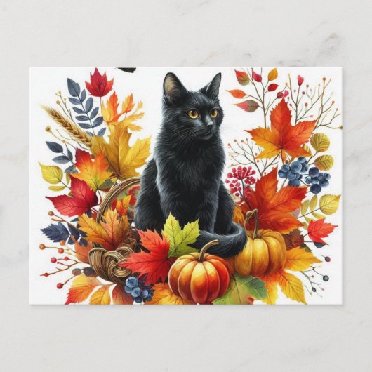 Herbstschwarze Katze und saisonale Blätter Postkar Postkarte (Vorderseite)
