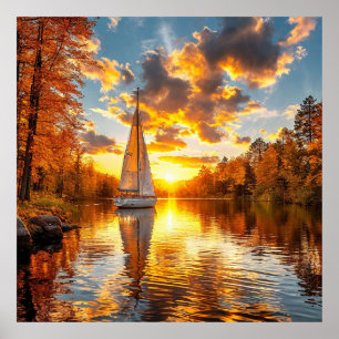 Herbstsee und Schiff Poster