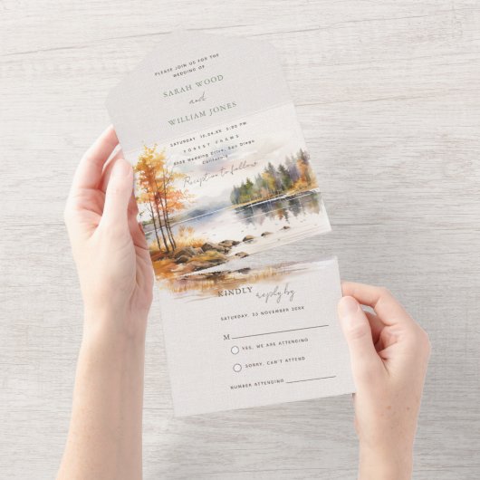 Herbstsee und Wald Alles in einer Hochzeit All In One Einladung (Abreißen)