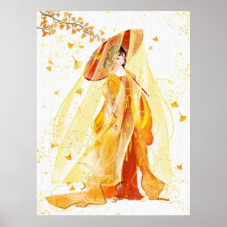 Herbstsernität: Japanische Geisha Wasserfarbe Poster
