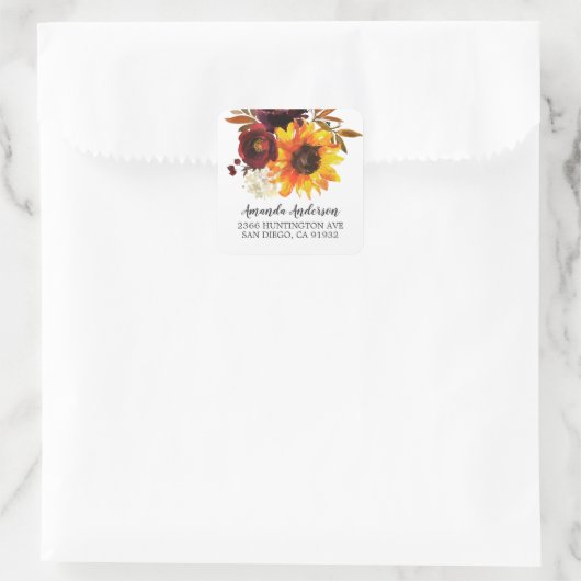 Herbstsonnenblume Bouquet Rücksendeadresse Quadratischer Aufkleber (Tasche)