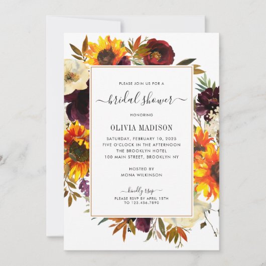 Herbstsonnenblume Burgund Blumengebirge Brautparty Einladung (Vorderseite)