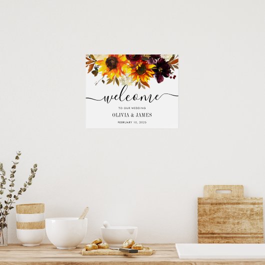 Herbstsonnenblume Burgund Hochzeit Begrüßungszeich Poster (Küche)