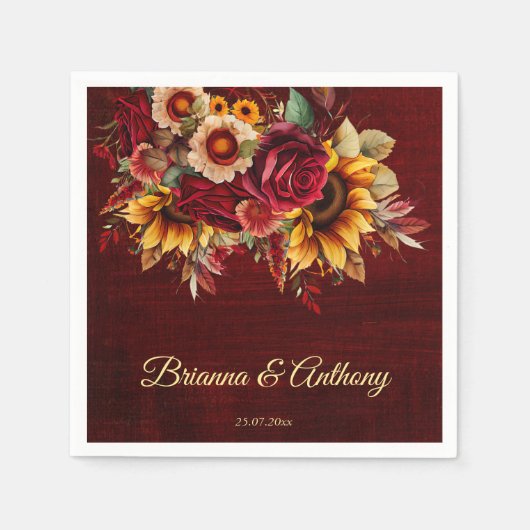 Herbstsonnenblume Hochzeitsburgund-Monogramm gedru Serviette (Vorderseite)