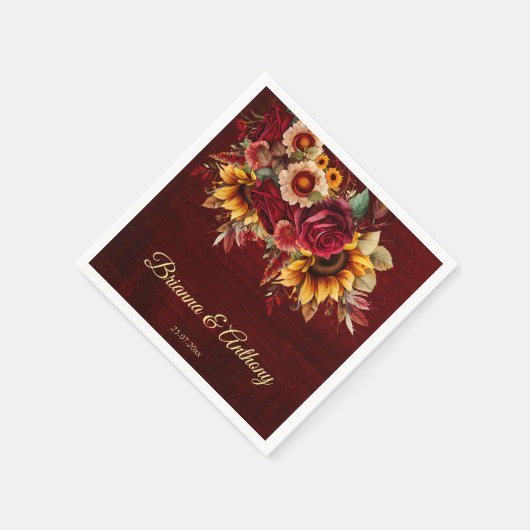 Herbstsonnenblume Hochzeitsburgund-Monogramm gedru Serviette (Ecke)