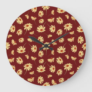 Herbstsonnenblume: Maroon Nahtloses Design Große Wanduhr