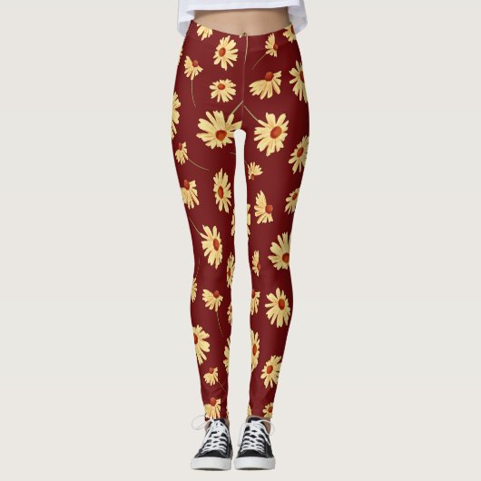 Herbstsonnenblume: Maroon Nahtloses Design Leggings (Vorderseite)