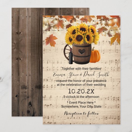 Herbstsonnenblume & Pumpkin Vintage Musikhochzeit Einladung (Vorne/Hinten)