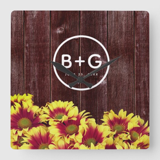 Herbstsonnenblumen auf Holzzaun-Hochzeit Quadratische Wanduhr (Vorderseite)