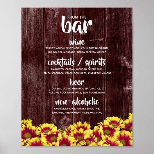 Herbstsonnenblumen auf Holzzaun Hochzeitsgetränke Poster (Vorne)