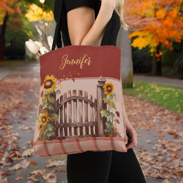 Herbstsonnenblumen auf Zaunrost Kariert und Monogr Tasche