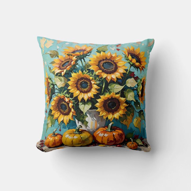 Herbstsonnenblumen, Herbstsonnenblumen und Kürbisp Kissen (Vorderseite)
