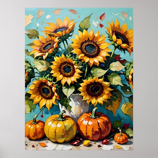 Herbstsonnenblumen, Herbstsonnenblumen und Kürbisp Poster (Vorne)