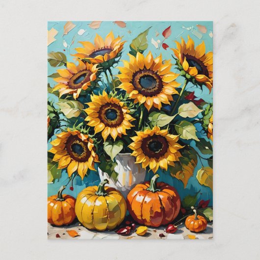 Herbstsonnenblumen, Herbstsonnenblumen und Kürbisp Postkarte (Vorderseite)