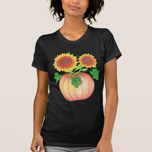 Herbstsonnenblumen in Pumpkin mit Blätter T-Shirts (Vorderseite)