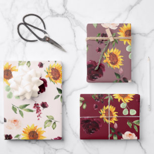 Herbstsonnenblumen und Burgunderrosen Brautparty Geschenkpapier Set