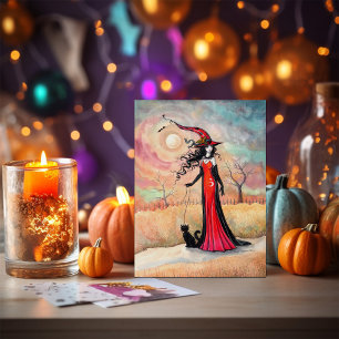 Herbstspaziergang Halloween Hexe und Schwarze Katz Postkarte