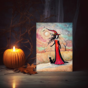 Herbstspaziergang Hexenkatze Halloween Kunst Karte