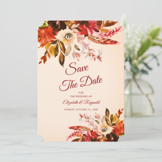 Herbstsplendor floral rot geputzte Elfenbeinhochze Save The Date (Stehend Vorderseite)