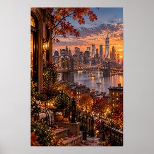 Herbststadt-Brücken-Sonnenuntergangs-Skyline-Wandk Poster