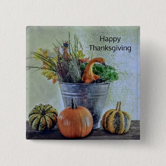 Herbststillleben mit Kürbissen, Blumen Button (Vorderseite)