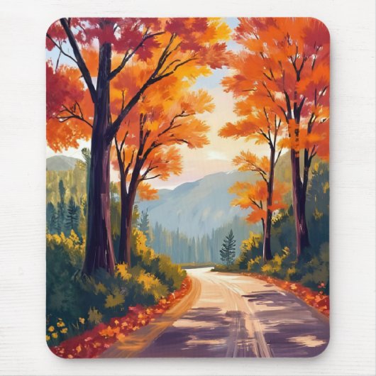 Herbststraße | Wasserfarben Herbstlaub Blätter Mousepad (Vorne)