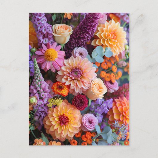 Herbststrauß mit Dahlien, Freesien und Gerbera Postkarte (Vorderseite)