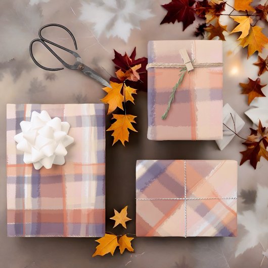 Herbsttartan kariert-beige-orange-Pflaume Karo mod Geschenkpapier Set