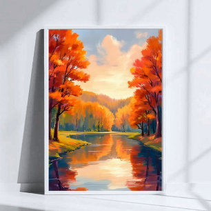 Herbstteich   Wasserfarben-Natur Herbstlaub Poster