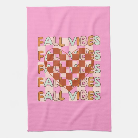Herbstthema Checkered Heart | Fall Vibes Pink Geschirrtuch (Vertikal)