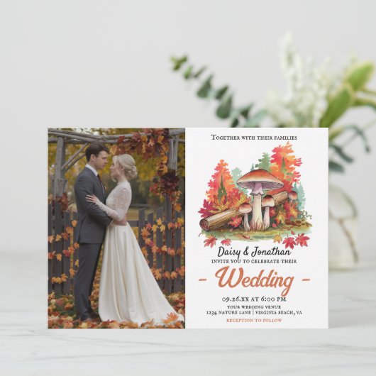 Herbstthema mit Wasserfarbenhochzeit im Pilz Einladung (Stehend Vorderseite)