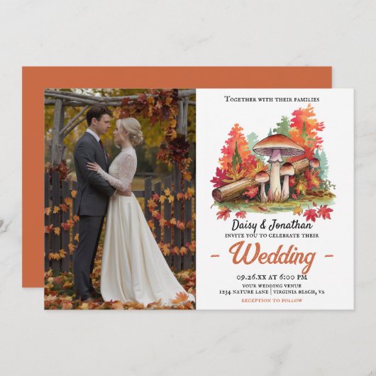Herbstthema mit Wasserfarbenhochzeit im Pilz Einladung (Vorne/Hinten)